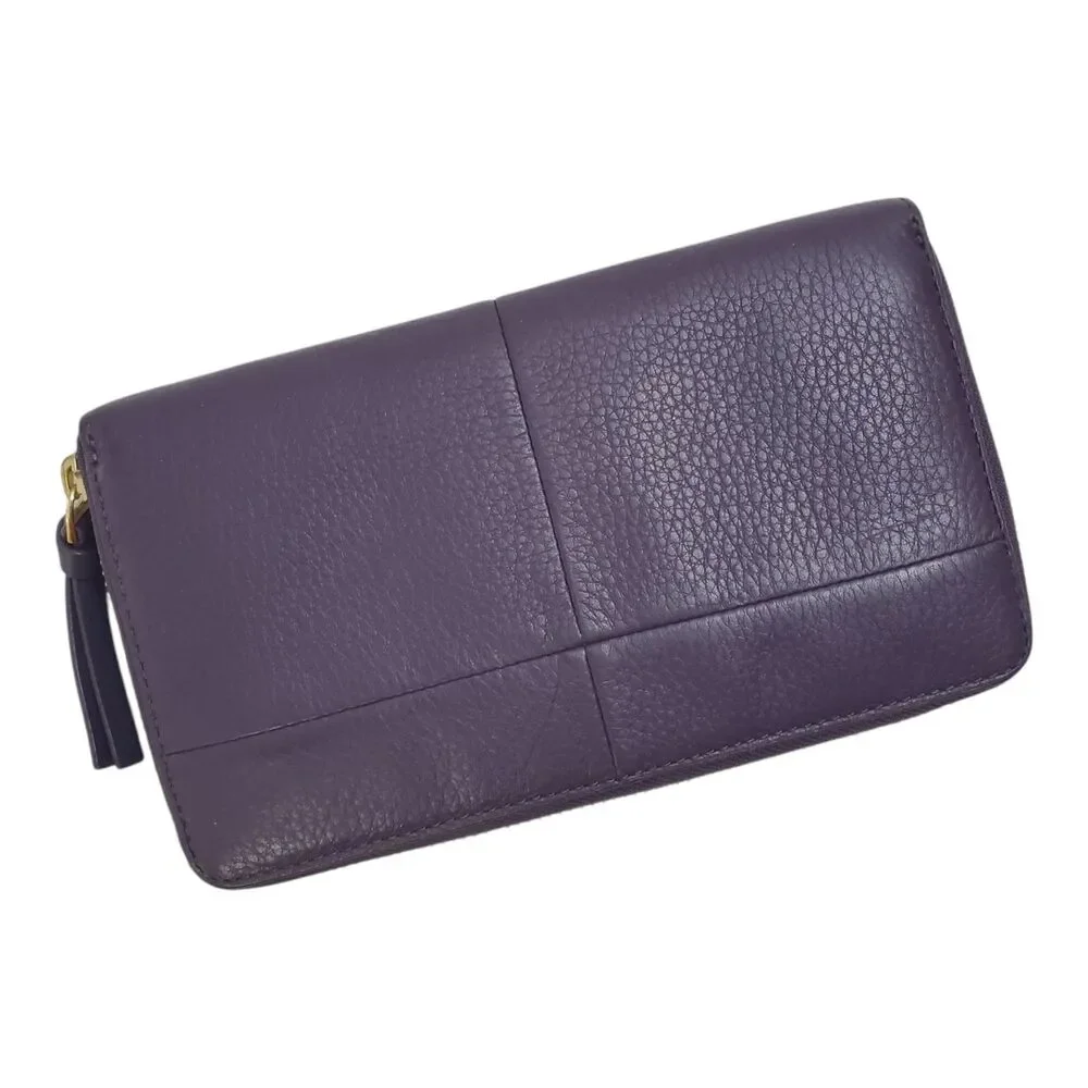 TORY BURCH Wallet Blue Pebble Leather Zip Around Envelope Gold Logo Boho